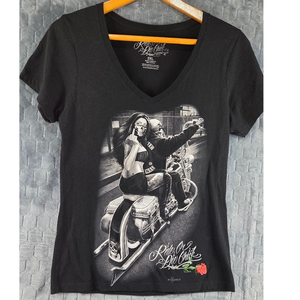 Ride Or Die Chick Biker Graphic T-Shirt Black 2XL V-Neck David Gonzales Art 2017